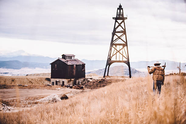 istock Man carrying pickaxe over shoulder walking through western field 500613141