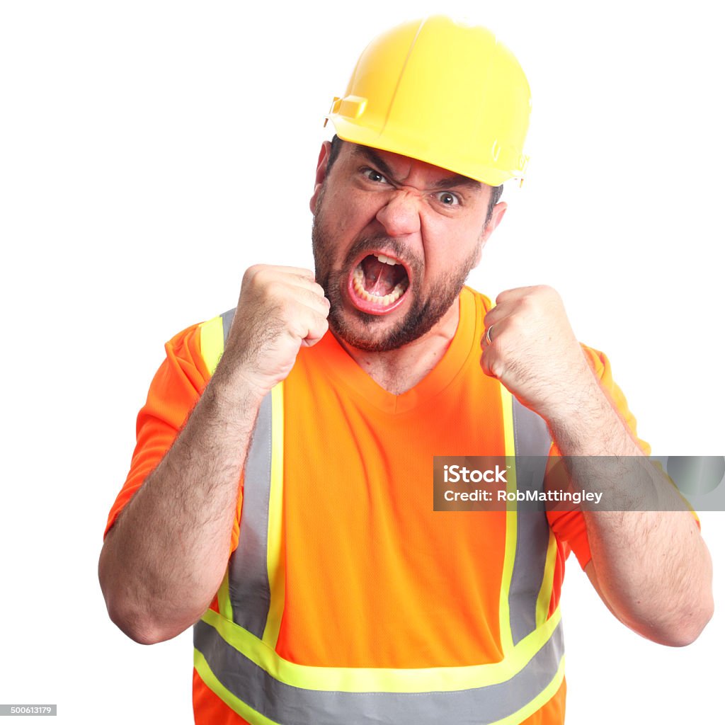 Angry Construction Worker An angry construction worker shakes his fists and yells in frustration. Shouting Stock Photo
