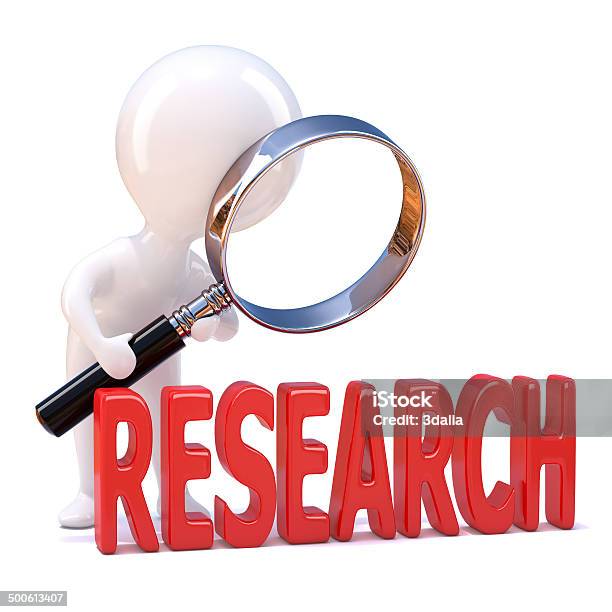 3d Little Man Looks At Research Through A Magnifying Glass Stock Photo - Download Image Now