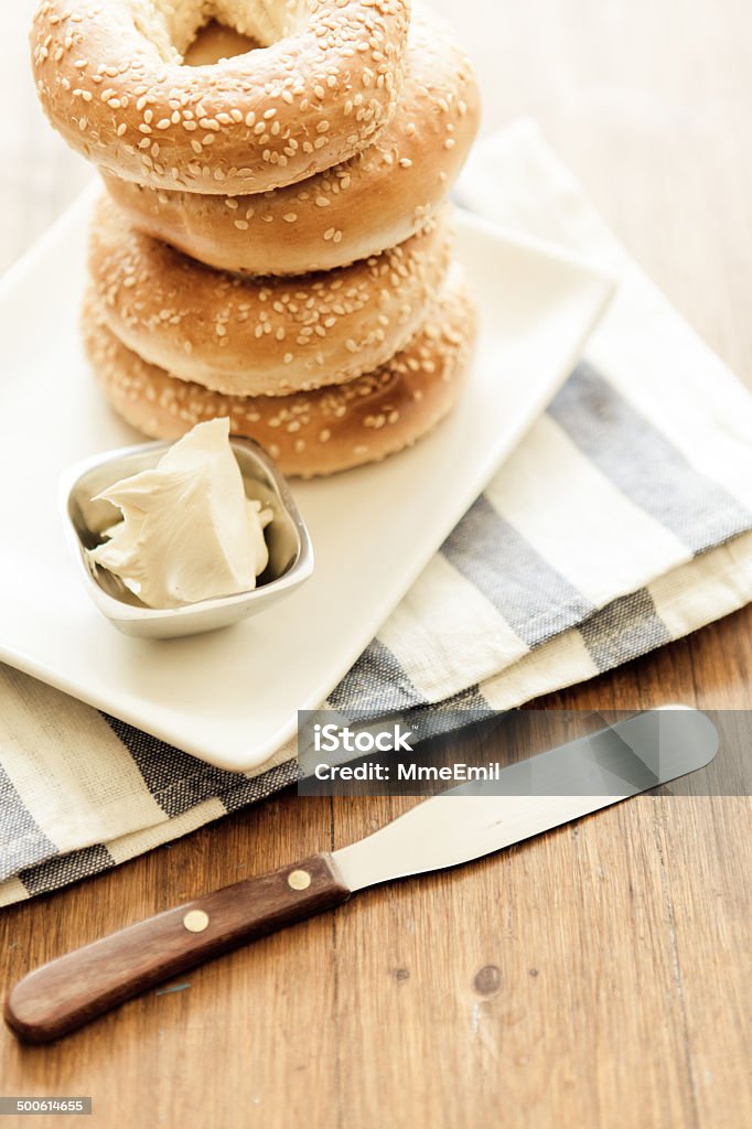 Bagel For Breakfast Montreal's style bagel stalk and cream cheese. Bagel Stock Photo