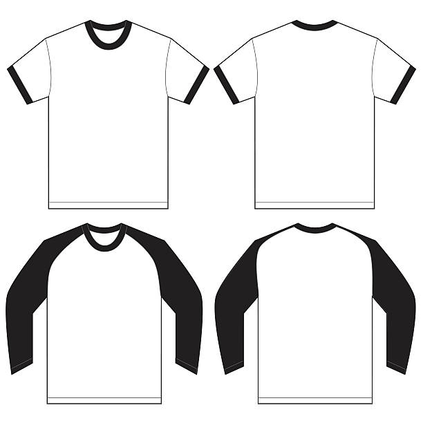 Black White Ringer T-Shirt Design Template Vector illustration of black and white long and short sleeved ringer t-shirt, isolated front and back design template for men ringer stock illustrations