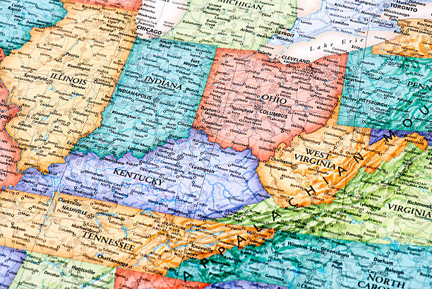 mapa de ohio, indiana, west virginia, kentucky estados - map ohio cartography usa fotografías e imágenes de stock