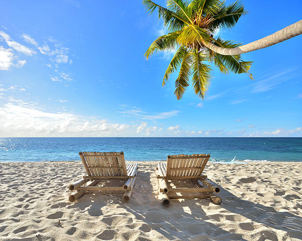 istock Two beach chairs on idyllic tropical palm beach 500618245