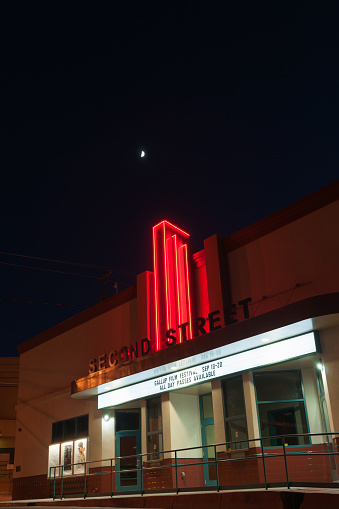 Gallup NM, USA - September 21, 2015: Night images signs decorative architecture and buildings art deco Second Street movie theater at time of Gallup Film Festival Gallup New Mexico Route 66.