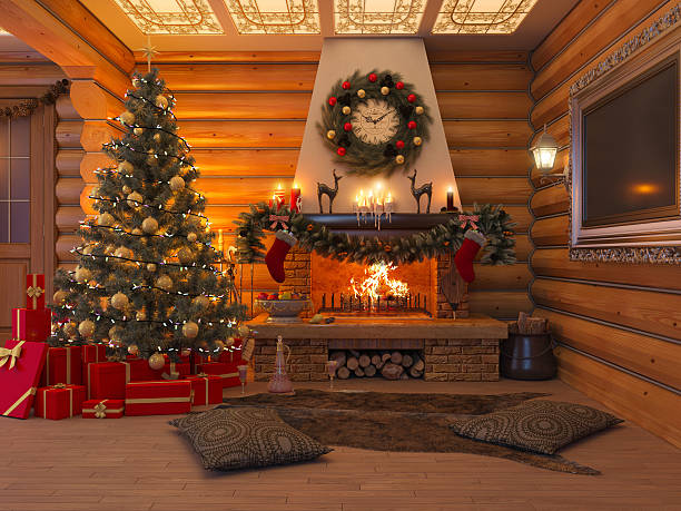 3D illustration New year interior with Christmas tree, presents stock photo