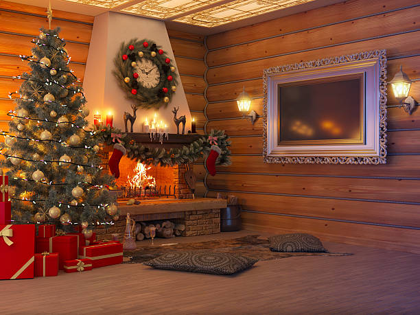 istock 3D illustration New year interior with Christmas tree, presents 500619780