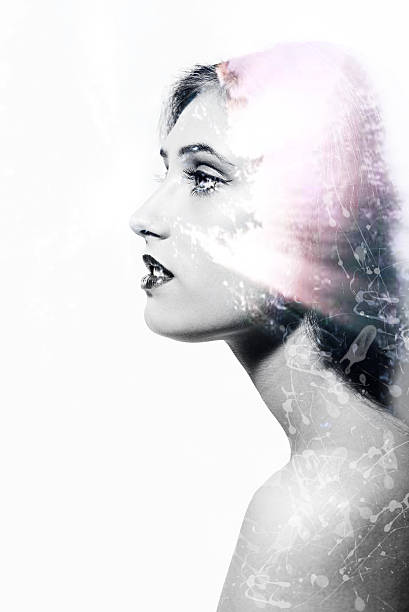 istock Double exposure image of charming woman and spike on white 500622972