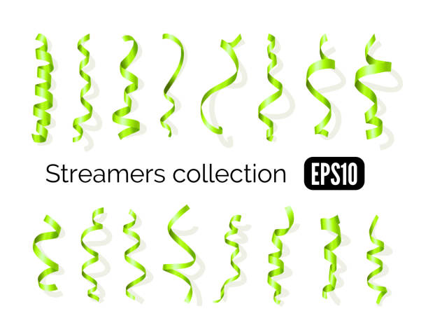 Collection Of Green Streamers And Party Ribbons Isolated On White Stock  Illustration - Download Image Now - iStock