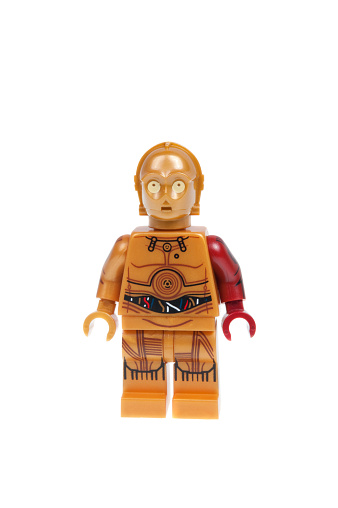 Adelaide, Australia - December 07, 2015: A studio shot of a C3-PO Force Awakens minifigure from the Star Wars Force Awakens Movie. Lego is extremely popular worldwide with children and collectors.