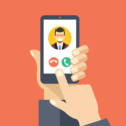 Incoming call on smartphone screen. Calling service. Hand holds smartphone, finger touch screen. Modern concept for web banners, web sites, infographics. Creative flat design vector illustration