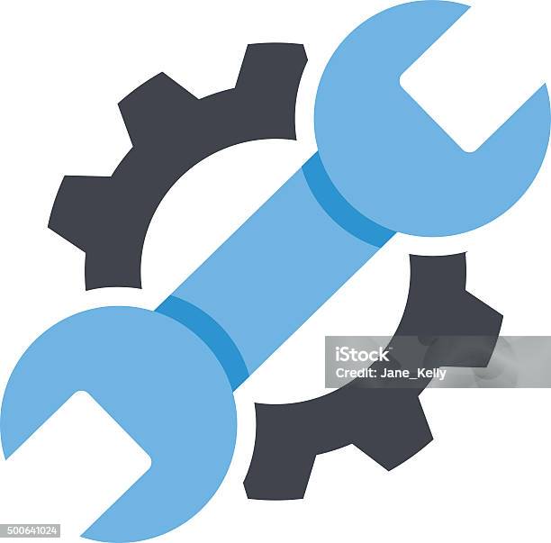 Repair Service Icon Black Cog Blue Wrench Icon Repair Logo Stock Illustration - Download Image Now
