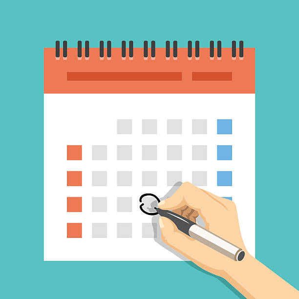 Hand mark calendar. US version with week started on Sunday Hand with pen mark calendar. US version with week started on Sunday. Important event. Modern flat design concept for web banners, web sites, printed materials, infographics. Flat vector illustration calendar date circled stock illustrations