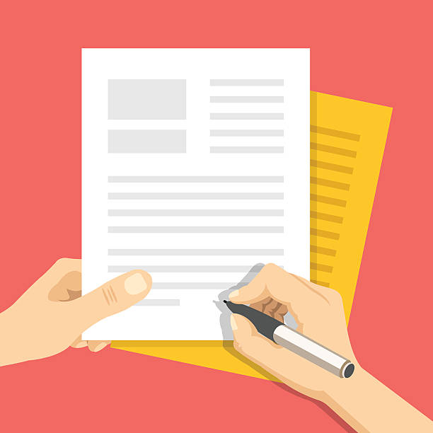 Documents and hand with pen signs documents. Treaty signing concept Hand holds some documents and hand with pen signs documents. Treaty signing concept. Modern flat design concept for web banners, web sites, printed materials, infographics. Flat vector illustration form submission stock illustrations