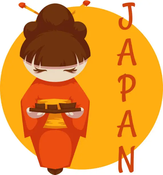 Vector illustration of Asian girl with sushi. Japan. Vector illustration