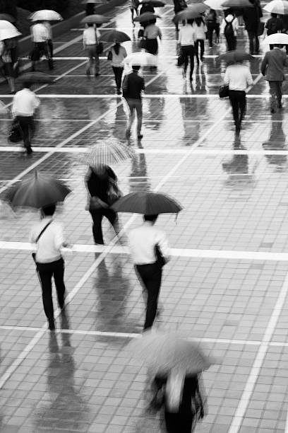 chuvoso trabalhadores de manhã - umbrella parasol rain rush hour imagens e fotografias de stock