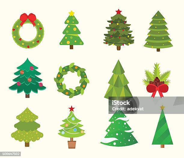 Christmas Tree Flat Icons Set Stock Illustration - Download Image Now - Christmas Tree, Christmas, Wreath