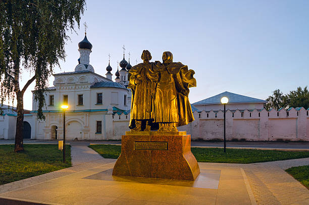 Murom, Russia - August 23, 2015: Monument to holy pious Peter and Fevronia Murom in the evening illumination, Murom, Russia