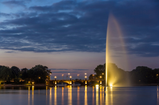 Fountain and Lombardsbrucke in Hamburg, Germany