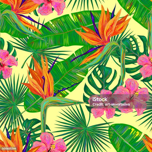 Seamless Summer Tropical Pattern With Exotic Flowers And Palm Leaves Stock Illustration - Download Image Now