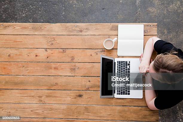 Frau Arbeitet Auf Einem Laptop Fotografiert Von Draufsicht Stockfoto und mehr Bilder von Oben