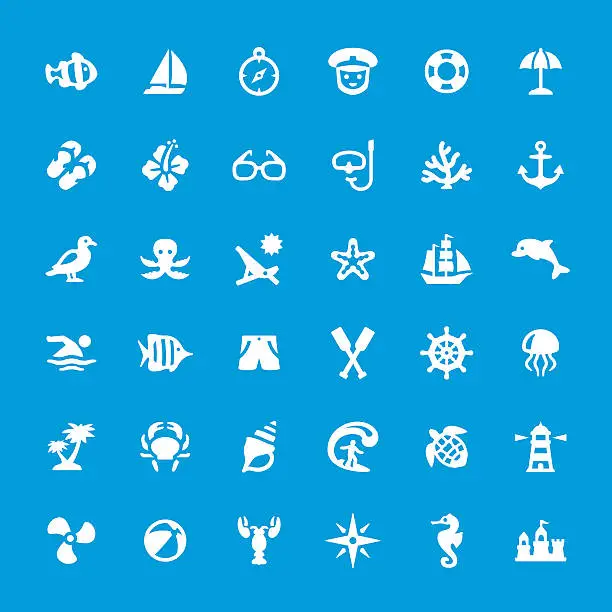 Vector illustration of Sea theme and beaches vector icons set