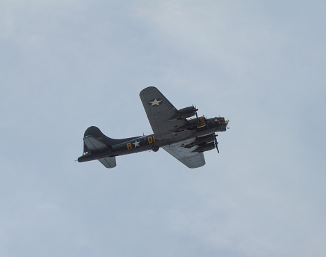 Weston-super-Mare, Somerset, England-June 22, 2014: Flying Fortress Sally B B17 bomber thrilled crowds at the Weston Air Festival Weston-s-Mare on Sunday 22nd June 2014