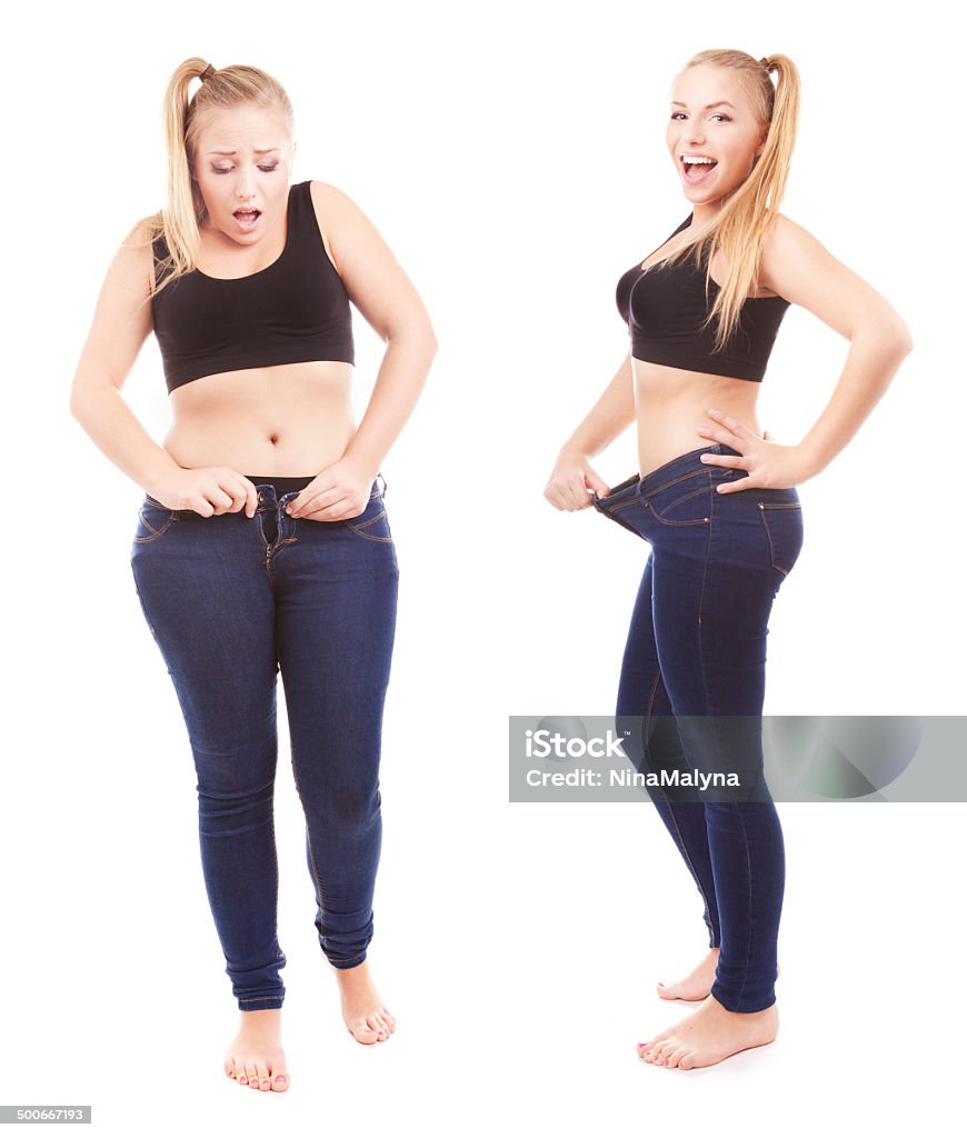 Girl is happy by achievement Before and after a diet, girl is happy by achievement  Before and After Stock Photo