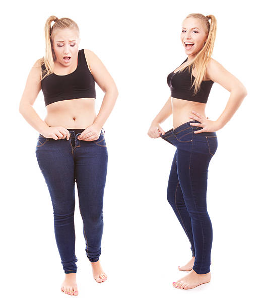 Girl is happy by achievement Before and after a diet, girl is happy by achievement  before and after weight loss stock pictures, royalty-free photos & images