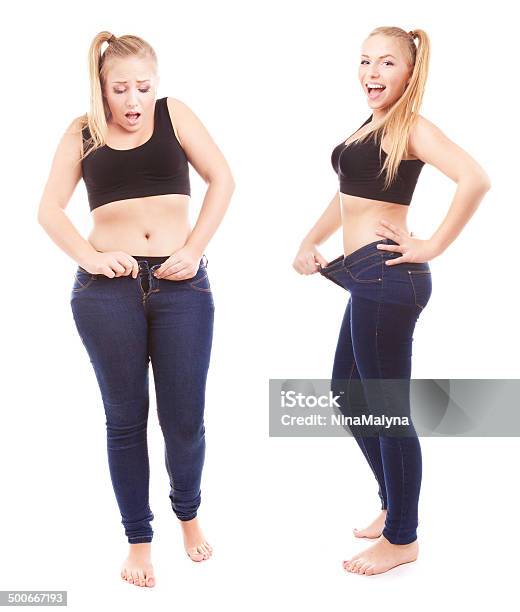 Girl Is Happy By Achievement Stock Photo - Download Image Now - Before and After, Dieting, Overweight