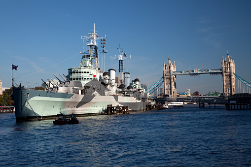 London, United Kingdom - May 30, 2023:  HMS Belfast Museum Ship on Thames River in London