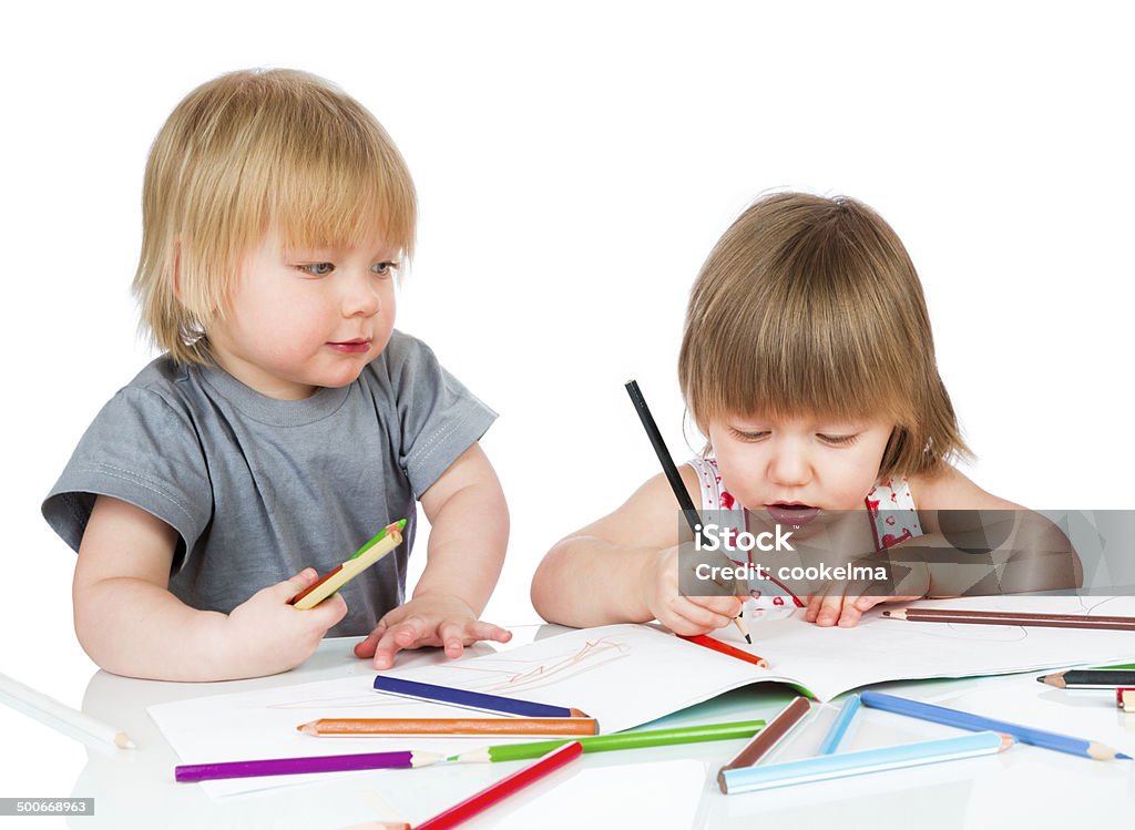 Children draws pencil Children draws pencil isolated on white background. Baby - Human Age Stock Photo