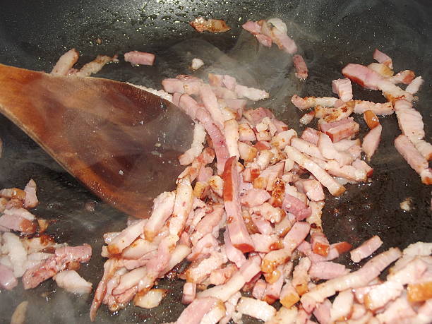 istock Bacon Lardons Cooking in a Frying Pan Close Up 500674336