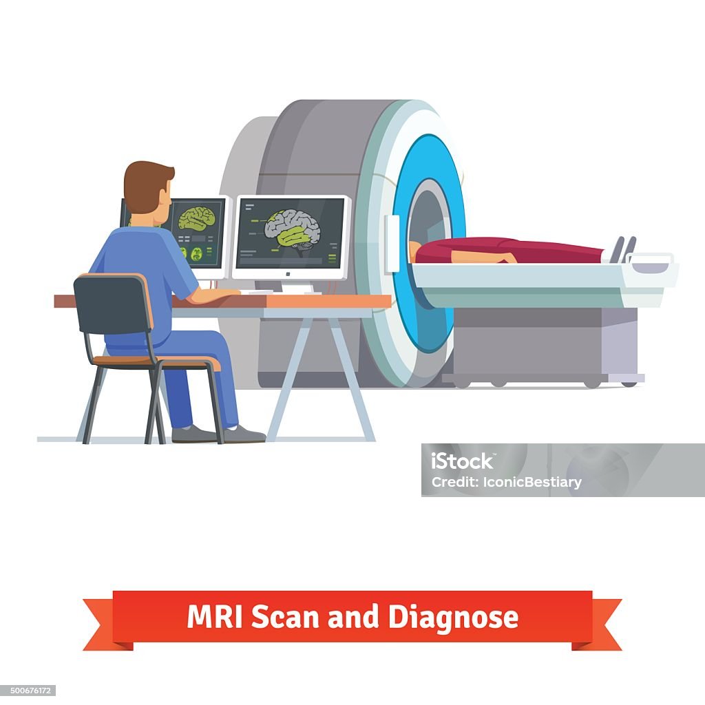 Doctor looking at results of brain scan. MRI Doctor looking at results of patient brain scan on the monitor screens in front of MRI machine with man lying down. Flat vector illustration. MRI Scanner stock vector