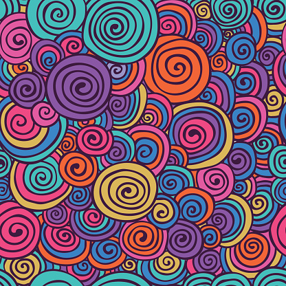 Abstract Colorful Hand Sketched Swirls Circles Seamless Background Pattern. Vector Illustration. Pattern Swatch. Hand Drawn Scribble Wavy Texture