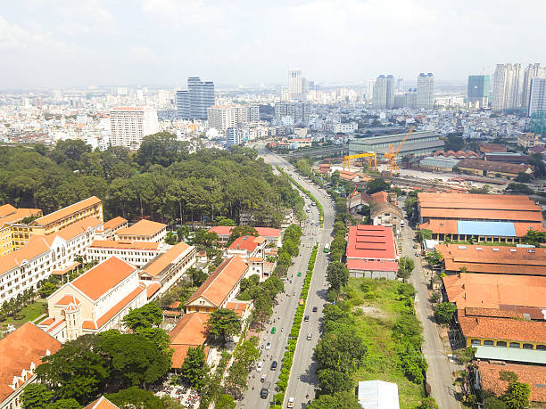 Hochiminh City, Vietnam - November 16, 2015:the HCM scene view from above City, the area of District 1 in the morning. Ho Chi Minh City is one of the dynamic city and the fastest Growing of country