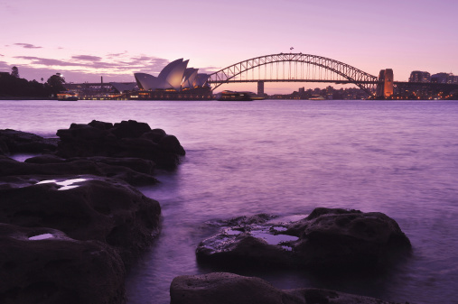 The Sydney skyline at sunset, Australia. (Harbour Bridge & Sydney Opera House)