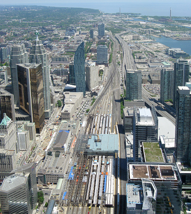 Aerial view of Toronto and it's Union Railway Station.