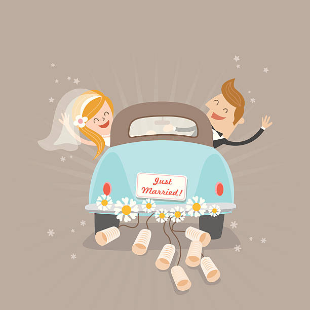 illustrations, cliparts, dessins animés et icônes de just married voiture - just married