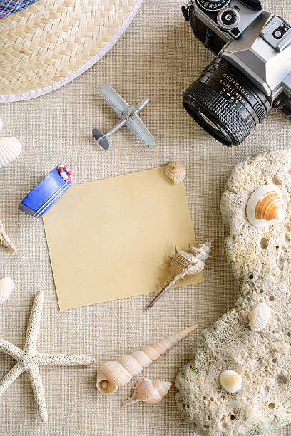 istock Travel and vacation accessories on sackcloth background 500692902