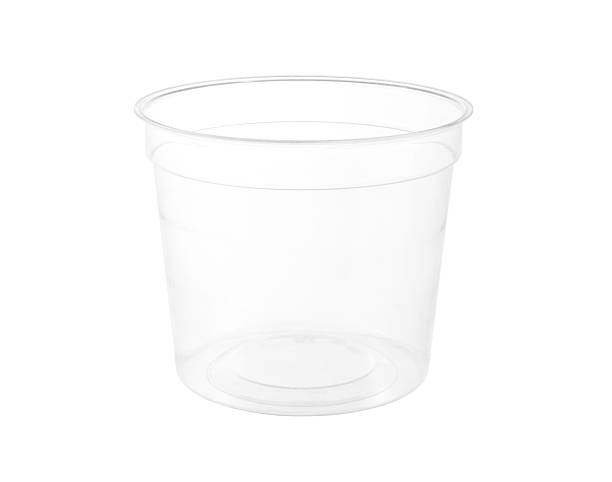 Round Transparent Plastic Cup isolated on white background stock photo