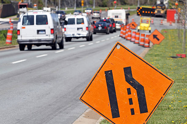 istock All Traffic Move Left Signs, Road Construction 500693428
