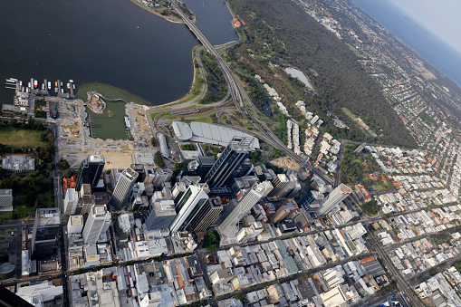 Perth City, Western Australia at daytime looking from 2000ft above the city, taken from a R22 Helicopter in November 2015