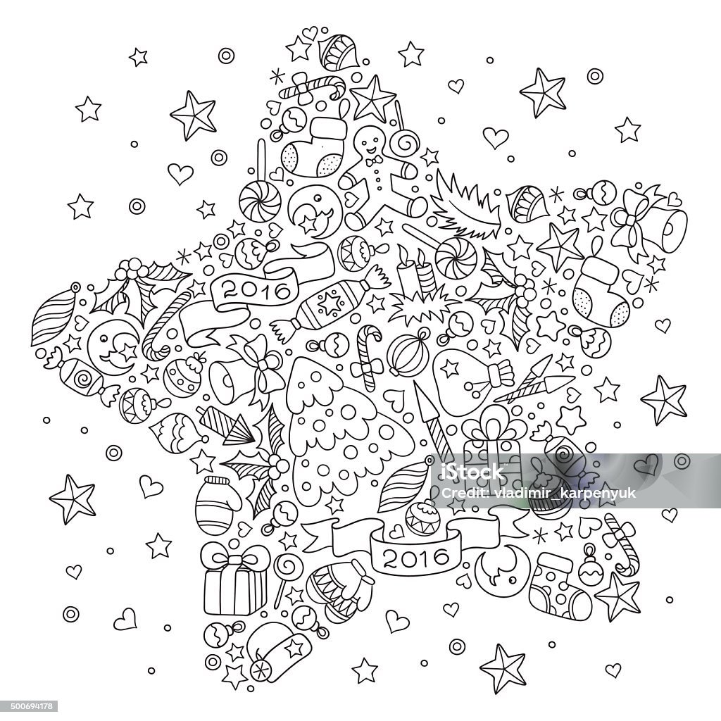 Christmas star from Christmas decorative elements. Pattern for coloring book. Christmas hand-drawn decorative elements in vector. Christmas star from Christmas decorative elements. Black and white patter Doodles style. Christmas stock vector