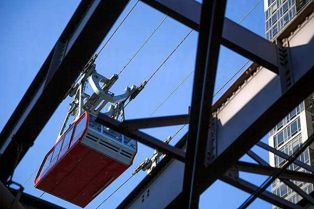 istock Looking at Roosvelt island tram car through metal bridge frame 500697774