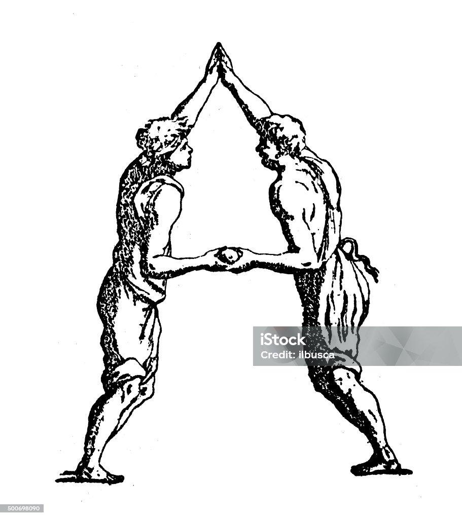 Antique illustration of personified letter A Antique illustration of a personified, humanized letter A, created by the union of two young bodies. The two figures join their right hands above their heads to shape the top of the letter A and they also join their bent left arms to create the horizontal bar in the middle. The half naked bodies of the two men, from the feet to the hands, creates the shape of the two slating sides of the triangle Alphabet stock illustration