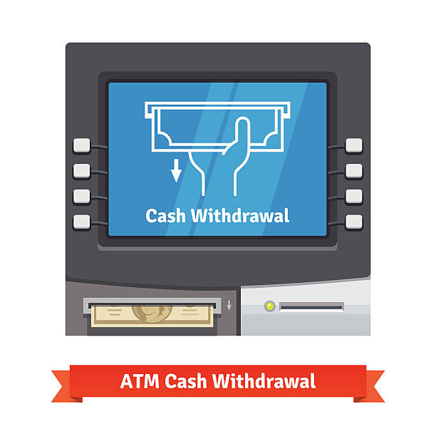 ATM machine with current operation ATM machine with current operation icon on the screen and dollar banknotes sticking out of a slot. Hand taking banknote pictogram. Flat style vector illustration. atm illustrations stock illustrations