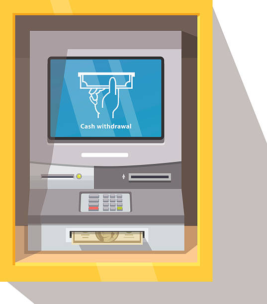 Street ATM teller machine with current operation Street ATM teller machine with current operation icon on the screen and dollar banknotes sticking out of a slot. Hand taking banknote pictogram. Flat style vector illustration. protruding stock illustrations