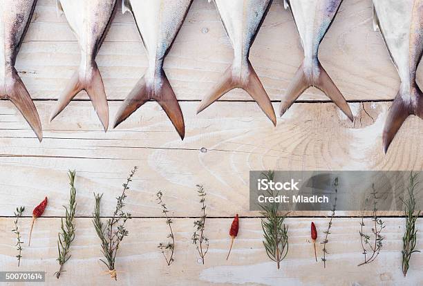 Raw Fish Yellowtail In A Row Stock Photo - Download Image Now - Mackerel, Mediterranean Sea, Adriatic Sea
