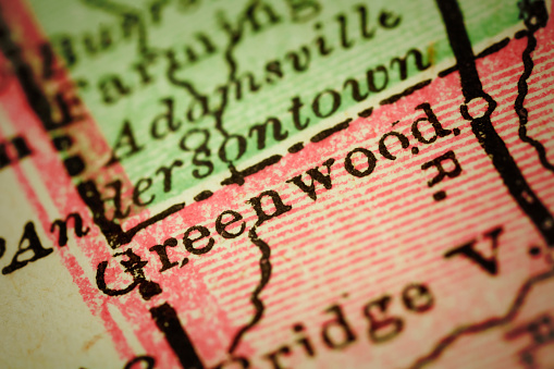 Greenwood,Delaware on 1880's map. Selective focus and Canon EOS 5D Mark II with MP-E 65mm macro lens.