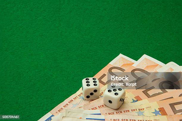 Casino Green Table With Euro Notes And Dice Stock Photo - Download Image Now - Backgrounds, Casino, Chopping Food